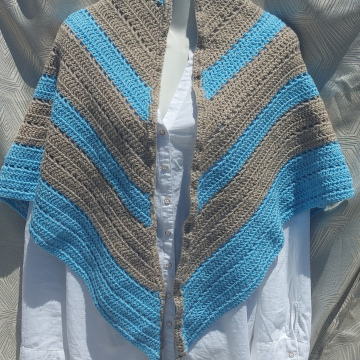 Handmade Crochet Shawl  - Blue and Light Brown 
